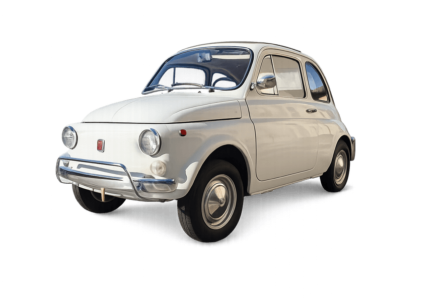 Our 1970 Fiat 500 F, white, three-quarter front view